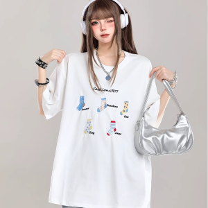 Áo Thun Tay Ngắn Thêu Nhiều Màu Sắc Phong Cách Mỹ Dành Cho Nữ Áo Thun Cotton Thoáng Khí Mùa Hè Dáng Rộng Thoải Mái Đa Năng