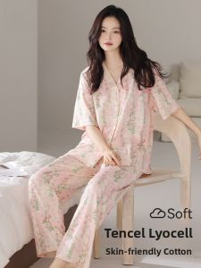 miiow | Cat Woman Sleepwear 2025 New Summer Lenzing Open Cardigan Short Sleeve Long Pants Plus Size Cool Feeling Home Clothes Set