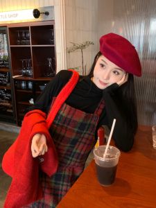 South Korea Retro Fairy Dress Christmas Red New Year Retro Woolen Gingham Figure Flattering Suspender Skirt Two-piece Set Pack