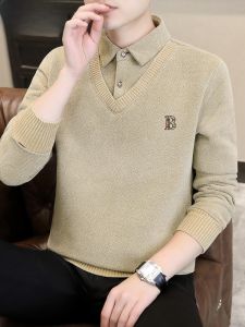 HENGYUANXIANG | Mens Fashionable Fleece Lined Knitted Thickened Shirt Collar Sweater Winter New Arrival Single Piece Fake Two-Piece Base Shirt