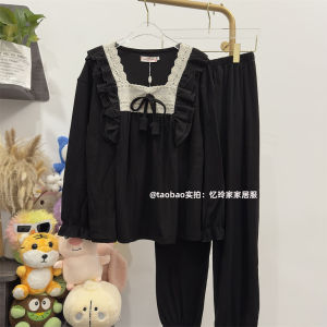 อ่อนโยน กํามะหยี่ ชุดนอน ชุดแขนยาวสไตล์เจ้าหญิง สีดำ บาง ผ้าขนแกะ ฤดูใบไม้ผลิ ฤดูใบไม้ร่วง ฤดูหนาว เสื้อผ้าบ้าน ผู้หญิง ชุดราตรี