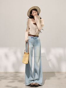 THROUS | Quần Jeans Đùi Thẳng Vintage Màu Xanh Nhạt Ướt