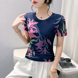 REHIN High Elastic Mesh Short Sleeve T-Shirt Summer Fashionable Printed Round Neck Slim Fit Elegant Womens Top