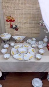 Bộ bát đĩa hoa mặt trời thờ cúng vẽ mai vàng - Hàng gốm sứ Bát Tràng cao cấp