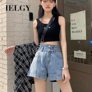 IELGY  สีทึบผู้หญิงเข้ากับทุกชุดเอวสูงกางเกงยีนขาสั้นทรงสลิมหลวม