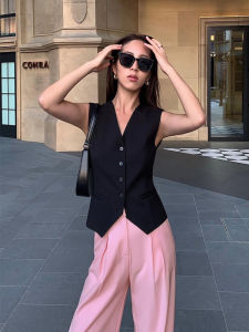 Black Vest Top Womens Retro Style Button up Sleeveless V-Neck Suit Jacket Waist Cinched Open Cardigan Spring Summer 2025