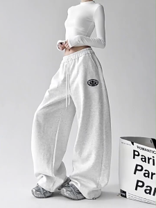 [Summer womens hip-hop wide-leg pants]กางเกงขากว้างลำลองปักตัวอักษรและตัวเลขย้อนยุคสำหรับผู้หญิงอเมริกันในช่วงฤดูร้อน