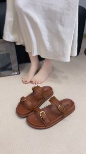YOTO British-Style Flat Sandals For Women Leather with Vintage Buckle Double Straps Slippers.