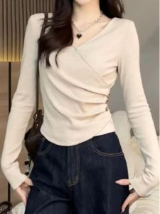 Áo Thun Nữ Cổ Chữ V Tay Dài Ôm Vừa Vặn Phong Cách Hàn Quốc Mùa Thu Màu Trơn Không Tay Áo Lót
