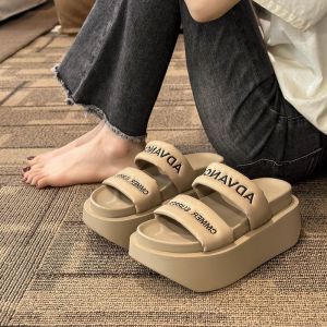 Straight Strap Soft Thick Soles 7cm High Black White Khaki Open Toe Slippers for Women Summer Sandals