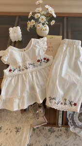 2Pcs Baby Girls Clothes Set 0‑5Y Cotton Floral Embroidery Ruffle Sleeve Top Lace Trim Pants Kids Girls Terno Set Vintage Sweet‑Style Children Garden Party Outfit