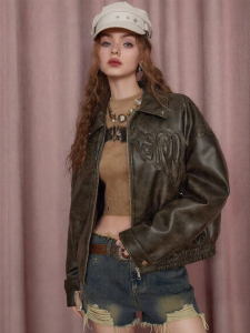SEENFAAN | SEENFAAN Autumn Long Sleeve American Patchwork Embroidery Retro Motorcycle Jacket Women Sweet Cool Cotton PU Leather Coat