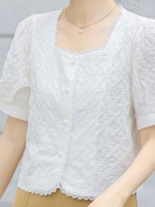 Summer New Short Sleeve Chiffon Shirt Women Cotton Linen Blend Square Collar Lace Trim Design Short Length Top Korean Style