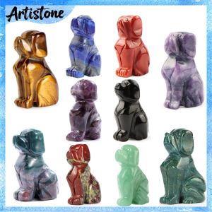 Artistone Sitting Dog Statue Natural Hand-Carved Stone Healing Crystal Figurine Desktop Home Car Office Decoration Birthday Gift
