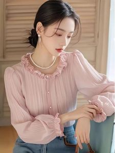 WANGGONGZHU | เสื้อเชิ้ตแขนยาวผู้หญิงสไตล์เกาหลี ทรงหลวม สไตล์เจ้าหญิง ผ้าฝ้ายผสมโพลีเอสเตอร์ สีพื้น ปกกลม ดีไซน์เก๋ไก๋