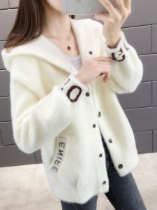 Mùa Thu Đông Mới Áo Len Nữ Phối Ngắn Phong Cách Hàn Quốc Dáng Rộng Giảm Béo Lông Thú Giả Có Mũ Trùm Đầu Dày Cardigan