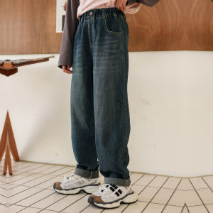 Girls Loose Dad Jeans Cotton Blend Fabric Spring Autumn Wear Outerwear for Middle School Students Fashionable Korean Style