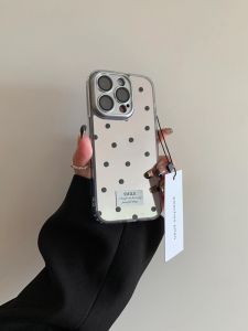 15ProMax Phone Case Black Polka Dot Mirror Surface with Built-in Lens Film Makeup Mirror Protective Cover for Women