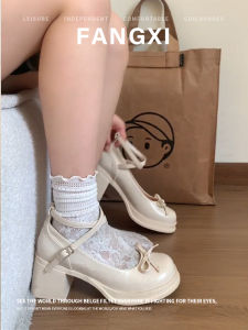 Leather Version ~ Spring Autumn White Bow Thick Heel Mary Janes Womens Shoes Semi-Up High Heels Single Shoes Korean Style