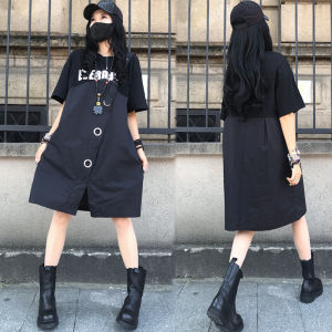 Casual Black Mini Dress Fashionable Summer 2025 High Waist A-Line Skirt Old Style round Neck Short Sleeve Midi Dress