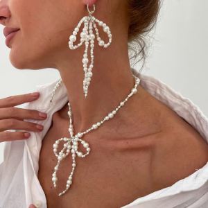Ingemark Aesthetic Elegant Imitation Pearl Bowknot Pendant Choker Necklace Drop Earrings for Women Trend Wedding Jewelry Set