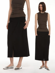 SOLWEIGE | SOLWEIGE Original Mid-Length Straight Cut Skirt With Pockets Micro Elastic Casual High Waist Commute Style Pure Color Design