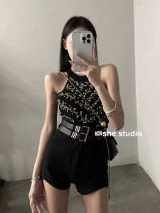 Korean Fashion Set Womens Summer New Spicy Girl Knitted Vest Double Belt Slimming Shorts Two-Piece Set Polyester Fabric