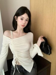 Áo Thun Nữ Dài Tay Không Đối Xứng Ôm Vừa Vặn Thời Trang Thu Đông Cổ Chữ V Tay Dài Thường Ngày Chất Liệu Khác Áo Thun Cotton