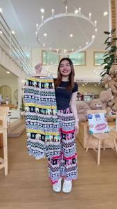 pd9859# กางเกงขายาว ลายช้าง เอวยางยืด ทรงขากระบอก ปลายขาปล่อย มีเชือก ผ้าไหมอิตาลี