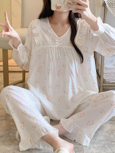 Pajamas Womens Spring and Autumn Cotton Silk Long Sleeves Fancy Home Wear Can Be Outwear Air Conditioning Clothes Floral Bourette Suit Summer