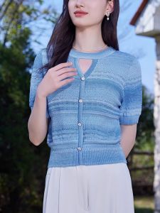 WANGGONGZHU | Ice Silk Short Sleeve Knitted Summer Thin Gradient Hollow Out Design Womens Top Slimming Effect Korean Style Commute Fashion