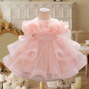 Puffy Pink Flower Baby Wedding Princess Girl Dress Toddler Tulle Baptism Kids Clothes Bridesmaid 1st Birthday Party Prom Costume