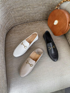 Metal Buckle Genuine Leather Flat round Toe Womens Slip-On Shoes Comfortable Casual Loafers British Style Fashion Footwear