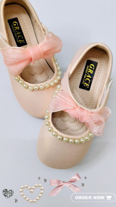 GRACE | Kids Mary Jane Flat Shoes Girls Princess Pearl Mesh Bow Closed-Toe Anti-Slip Rubber Sole Sandals Light ＆ Comfy Size 27-32