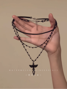 Dark Angel Wings Dark Black Necklace Womens Multi-Layer Twin Fancy Black Necklace Choker Clavicle Chain