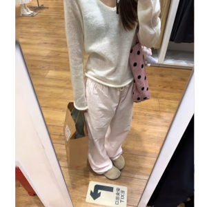 BM Pink Stripes Drawstring Linen Pants Womens Summer Narrow Straight-leg Walking Pants Pear Shapes Loose Casual Pants