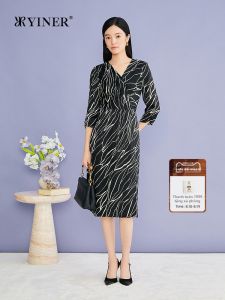 YINER | Fashion New Summer V-neck Contrast Print Mulberry Silk Blend Waist-cinching Dress