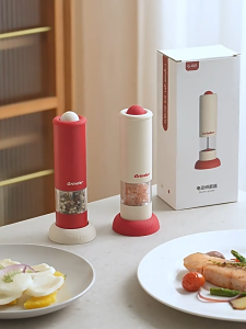 One-Touch Electric Grinder for Pepper & Salt Effortless Spice Adjustable Coarseness Cream/Red Color for Kitchen & Gifting