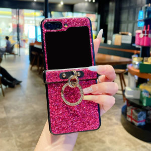 Glitter ผู้ถือแหวนหรูหราประกาย Rhinestones เคสโทรศัพท์สําหรับ Samsung Galaxy Z Flip 6 5 4 3 Flip7 เงาเพชรชุบฝาครอบ