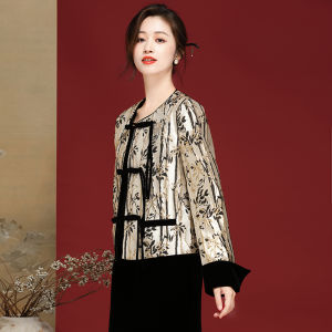 New Chinese Style Short Jacket Spring Vintage Golden Bamboo Leaf Relief Embroidery Womens Fashion Loose Fit Long Sleeve Coat