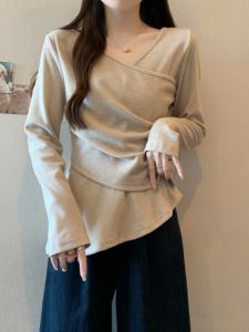 Áo Thun Dệt Kim Dài Tay Cổ Chữ V Không Đều Thời Trang Thu Đông Cho Nữ Cỡ Lớn Ôm Eo Chất Liệu Cotton Mềm Mại Thoải Mái