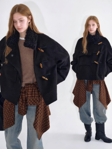 Fano | Áo Khoác Len Pha Tweed Thời Trang Ấm Áp Có Cổ Lông Giả Màu Đối Lập Nút Gỗ