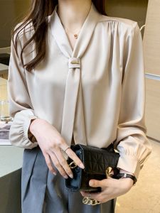 Womens Loose Fit Silk Satin Drapey Shirt Stand Collar Tie Waist Autumn Winter New Style Commute Long Sleeve Solid Color OL Office Shirt