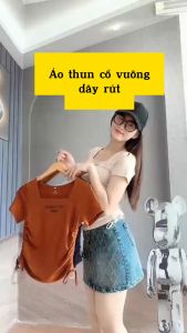 Áo thun nữ tay ngắn dây rút cổ vuông 5 màu đẹp xinh thun tici LIVATA M143