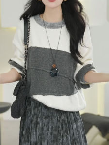 QINGNAER | Asymmetric Casual撞色圆领 Long Sleeve Loose Knitted Sweater