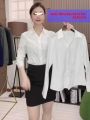 White V-neck Long Sleeve Shirt Women's Formal Workwear Anti-light Teacher Uniform No-iron Top Shoulder-line Polo Office Lady Style. 