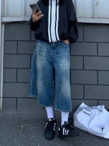 Summer American High Street Vintage Washed Seven-Five Denim Jeans Women Casual Loose Oversize High Waist Mid-Thigh Denim Skirt