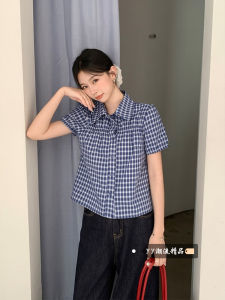 Retro Korean Loose Short Sleeve Blue Plaid Shirt Womens Winter Bubble Sleeve High-End Fashionable Collar Trendy Top