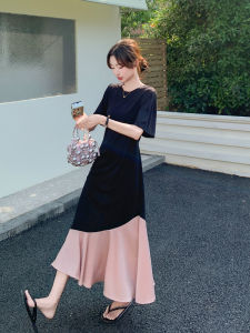 Slimming Black T-Shirt Dress with Fish Tail And Lace Hem round Neck Korean Style Commute A-Line Long Summer New Arrival