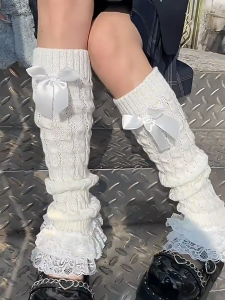 1 Pair Japanese Style Ladies Lace Calf Socks Cover Sweet Bow Knitted Windproof Winter Warm Foot Cover